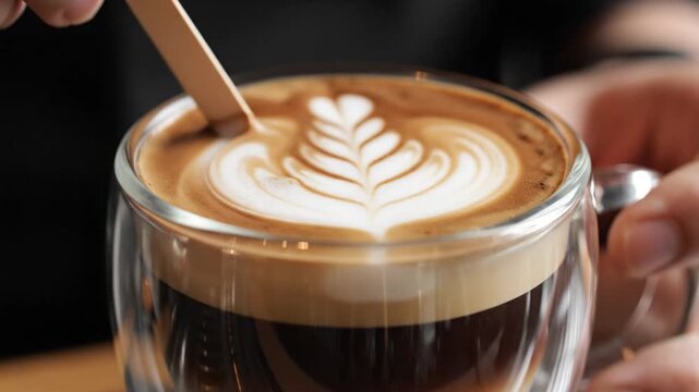 Person stirring latte art coffee in glass mug with wooden stirrer