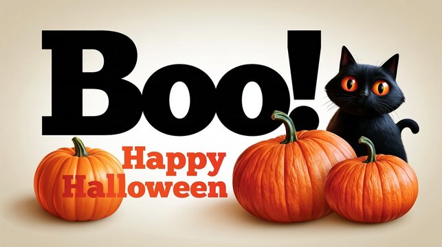 Halloween banner with Boo text, pumpkins, and black cat on gradient background