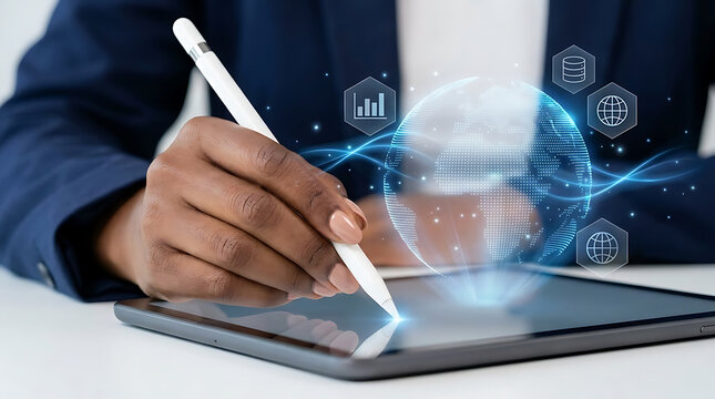 Businessman Hand Using Stylus On Tablet With Holographic Digital Globe Network Technology Concept