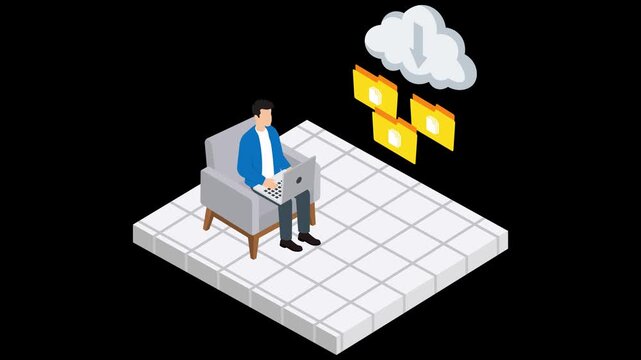 Isometric cloud computing animation, man working on laptop downloading files, data transfer cloud storage vector illustration, remote work backup graphic concept