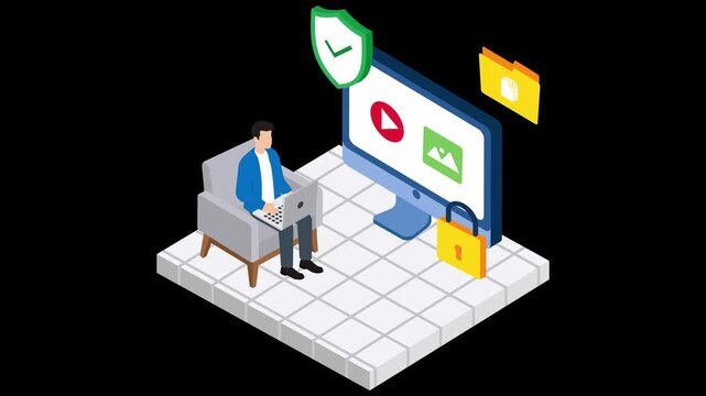 Isometric cyber security animation, user protecting personal data online, digital security shield and padlock, vector technology concept