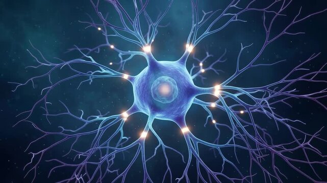 3D illustration of a blue neuron with glowing electrical impulses through its complex network of dendrites, symbolizing brain activity, intelligence, and neurological science.
