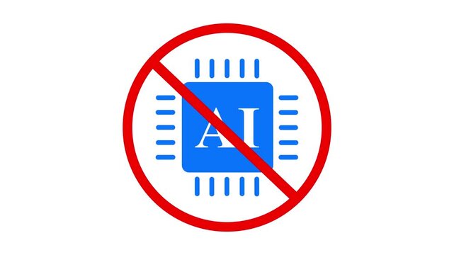Animated prohibition sign representing no artificial intelligence, AI technology restriction, and anti-AI policy. Modern warning symbol indicating prohibition or warning against AI.