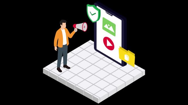 Isometric digital marketing vector illustration, man with megaphone promoting content on smartphone screen, mobile video advertising and media management concept