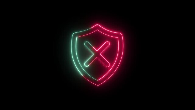 Neon shield with a red cross symbol glowing on a dark background