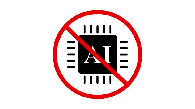 Animated prohibition sign representing no artificial intelligence, AI technology restriction, and anti-AI policy. Modern warning symbol indicating prohibition or warning against AI.