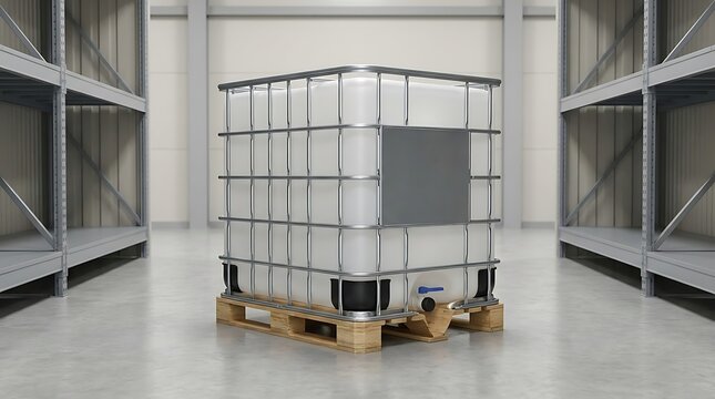 Large plastic water tank on a wooden pallet inside a clean industrial warehouse with metal storage racks. ibc container