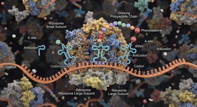 Protein biosynthesis translation process inside ribosome diagram, mRNA and tRNA molecular biology education concept
