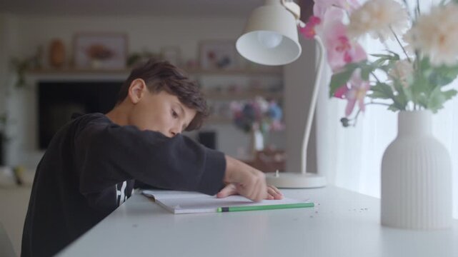 Concentrated schoolboy writing with a pencil in a notebook, making a mistake, and using an eraser to correct it while studying at his desk in a cozy, naturally lit living room