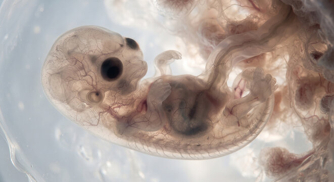 Human embryo inside womb on early stages of pregnancy close up 3d illustration, fetus development and embryology concept
