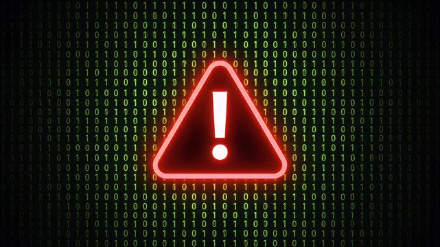Glowing red caution triangle with exclamation point against a digital binary code background