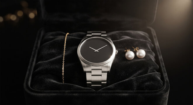 premium Luxury wrist watch and pearl jewelry set in velvet box, modern steel watch with gold chain bracelet and pearl earrings, elegant gift present 4k