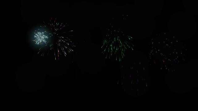 "Colorful fireworks display animation with bokeh lights on black night background"