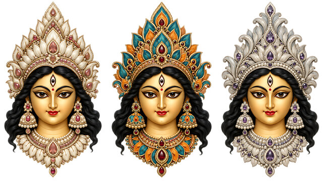 Three ornate goddess durga faces with jeweled crowns and traditional decorative indian jewelry durga puja isolated on a transparent background
