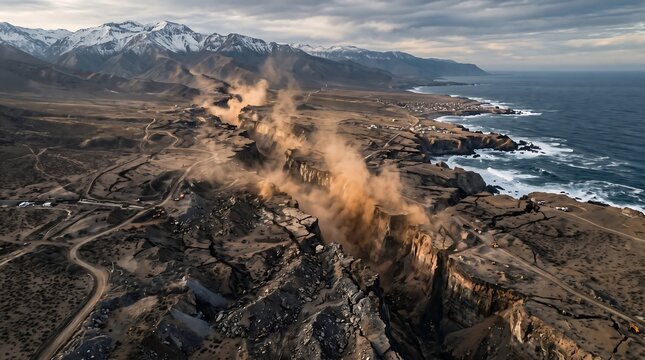 Dust cloud rising from a cliff overlooking the sea and mountains