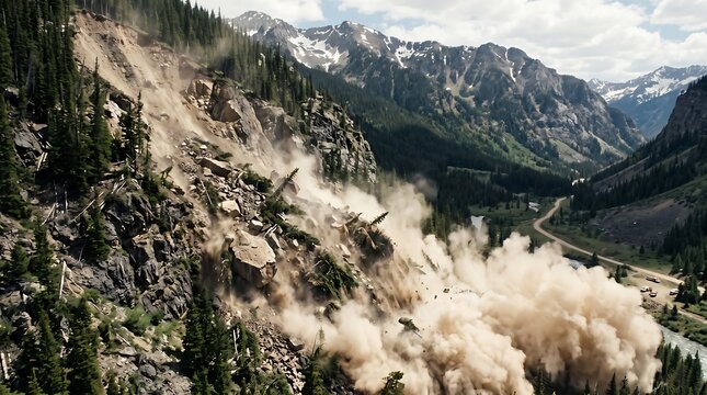 A massive landslide descends a steep mountain, showering dust and debris into a lush valley below. Trees are uprooted and rocks tumble down the slope as the earth gives way