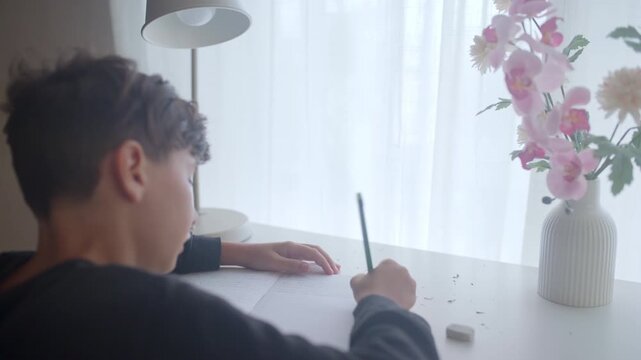 Young boy sitting at a white desk by the window, diligently writing and erasing with a pencil in his notebook, focused on his studies in a bright, modern room with flowers in a vase
