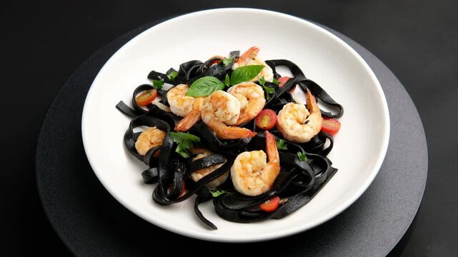 ink squid fettuccine pasta and shrimp with olive oil and chilli garlic in white plate.