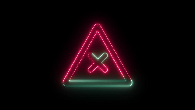 Neon warning triangle with a red cross symbol illuminated on black