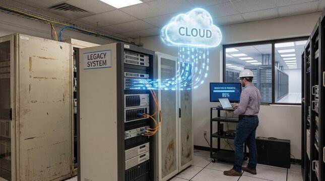 IT technician migrating legacy server data to cloud computing infrastructure in a data center