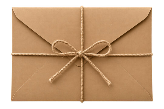 Brown kraft paper envelope tied with twine bow, isolated on transparent background. Stationery, mailing, gift wrapping, packaging design.