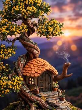 Fantasy miniature house built inside a twisted bonsai tree with yellow flowers at sunset