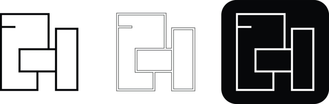 Minimalist floor plan layout featuring rectangular room shapes, presented in solid black, thin outline, and white on black square styles
