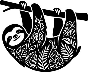 Obraz premium Black and white illustration of a cute sloth hanging on a branch with tropical jungle leaf patterns