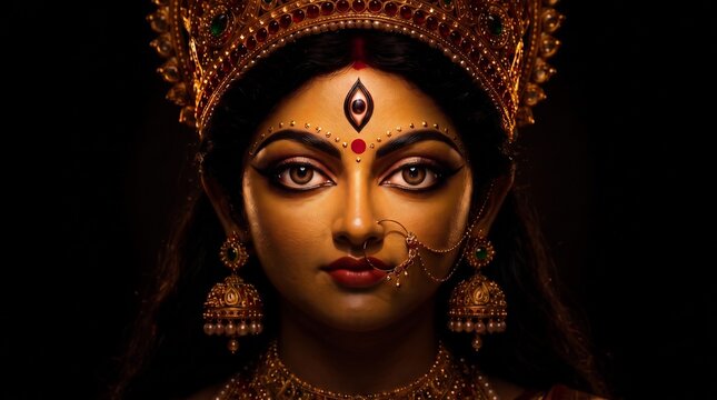 Durga facing forward with third eye and ornate gold crown