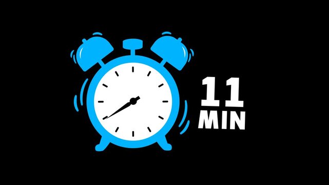 11 min timer animation on transparent background with alpha channel. Timer, clock, alarm clock icon with 11 minute timer animation video. 11 minutes clock. 4k video