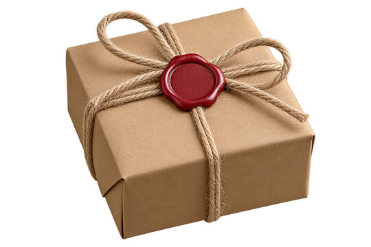 Small kraft paper gift box wrapped with twine string and red wax seal, isolated on transparent background. Packaging, celebration, wedding invitation, luxury branding.