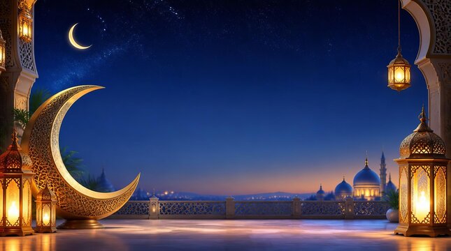 Decorative crescent moon lanterns illuminated on a rooftop at dusk with distant domes with light against twilight