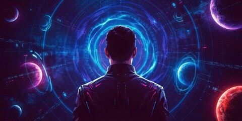 Fototapeta premium Silhouette of a man facing a glowing blue digital portal, surrounded by floating planets and concentric rings in a dark space environment
