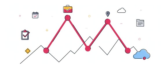 Flat of a red line graph with business icons, including a briefcase, map pin, calendar, and checklist on a white background