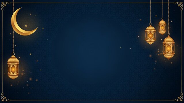 Illuminated lanterns hanging under crescent moon and starry night sky with decorative border