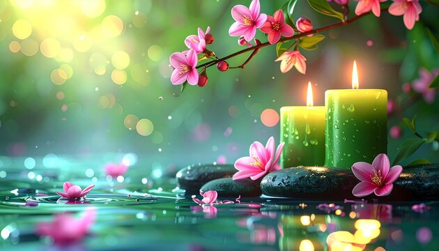 A serene spa atmosphere featuring glowing vibrant green candles, pink spring flowers, and Zen stones resting on water; a relaxing wellness background with a soft bokeh effect.