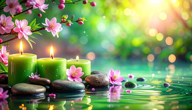 A serene spa atmosphere featuring glowing vibrant green candles, pink spring flowers, and Zen stones resting on water; a relaxing wellness background with a soft bokeh effect.