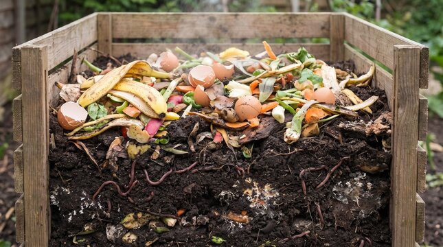 Organic food scraps decomposing in a wooden garden compost bin for sustainable soil fertilization