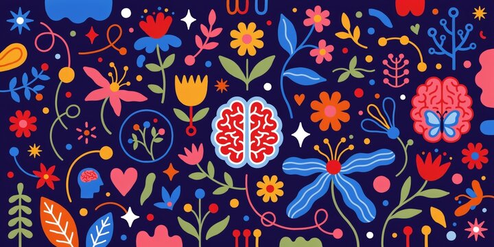 Colorful flat pattern with human brains, blooming flowers, leaves, hearts, and stars on a dark blue background, botanical mental health