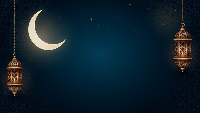 Two hanging lanterns glowing under crescent moon against starry night sky with intricate patterns