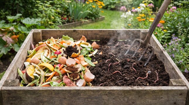 Composting food scraps and organic waste in a wooden garden bin with a pitchfork for soil health