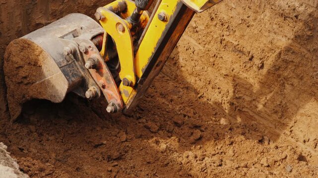 Excavator bucket digs up a deep trench, moving large amounts of earth and sand at a construction site on a sunny day.