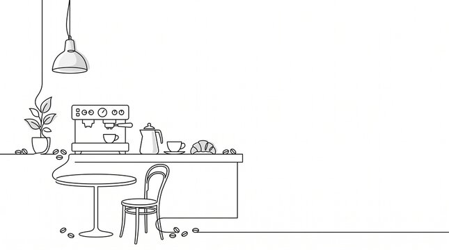 One line drawing of a cafe counter with espresso machine table chair and coffee plant.
