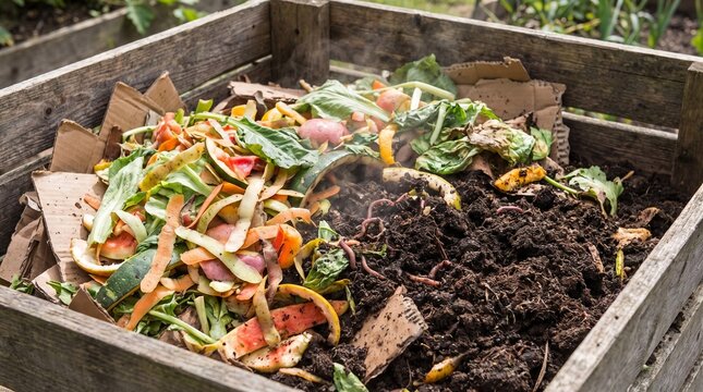 Organic food scraps and cardboard decomposing in a wooden backyard compost bin with steam