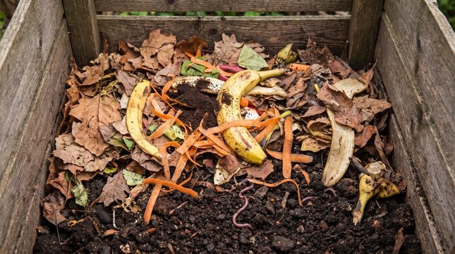 Organic food scraps and dry leaves decomposing in a wooden backyard compost bin