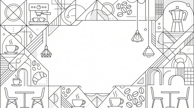 Complex geometric line art frame with coffee shop icons and abstract pattern background.