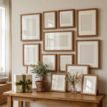 Gallery wall of empty ornate frames above a rustic wooden console table