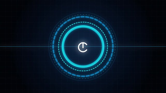 Futuristic hud digital countdown timer with glowing blue circular interface and grid background, heads-up display
