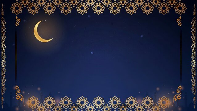 Decorative night sky with crescent moon with surrounded stars intricate intricate golden floral