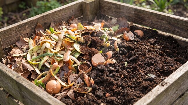 Organic kitchen scraps decomposing in a wooden garden compost bin for sustainable soil fertilization